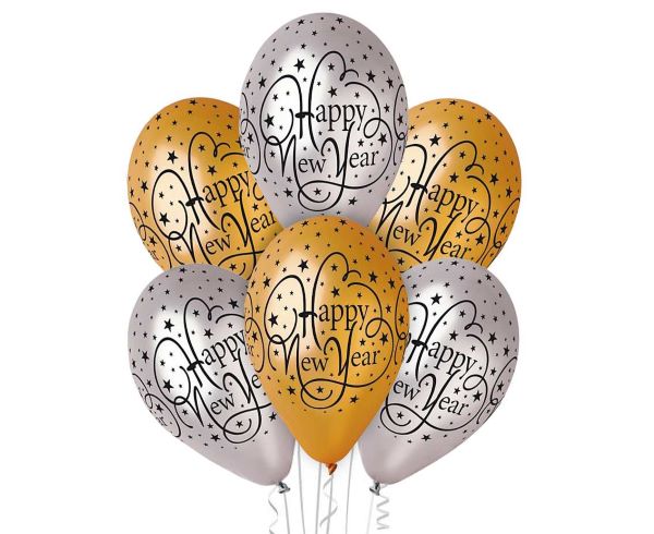 Balony Premium "Happy New Year" złote i srebrne 6szt
